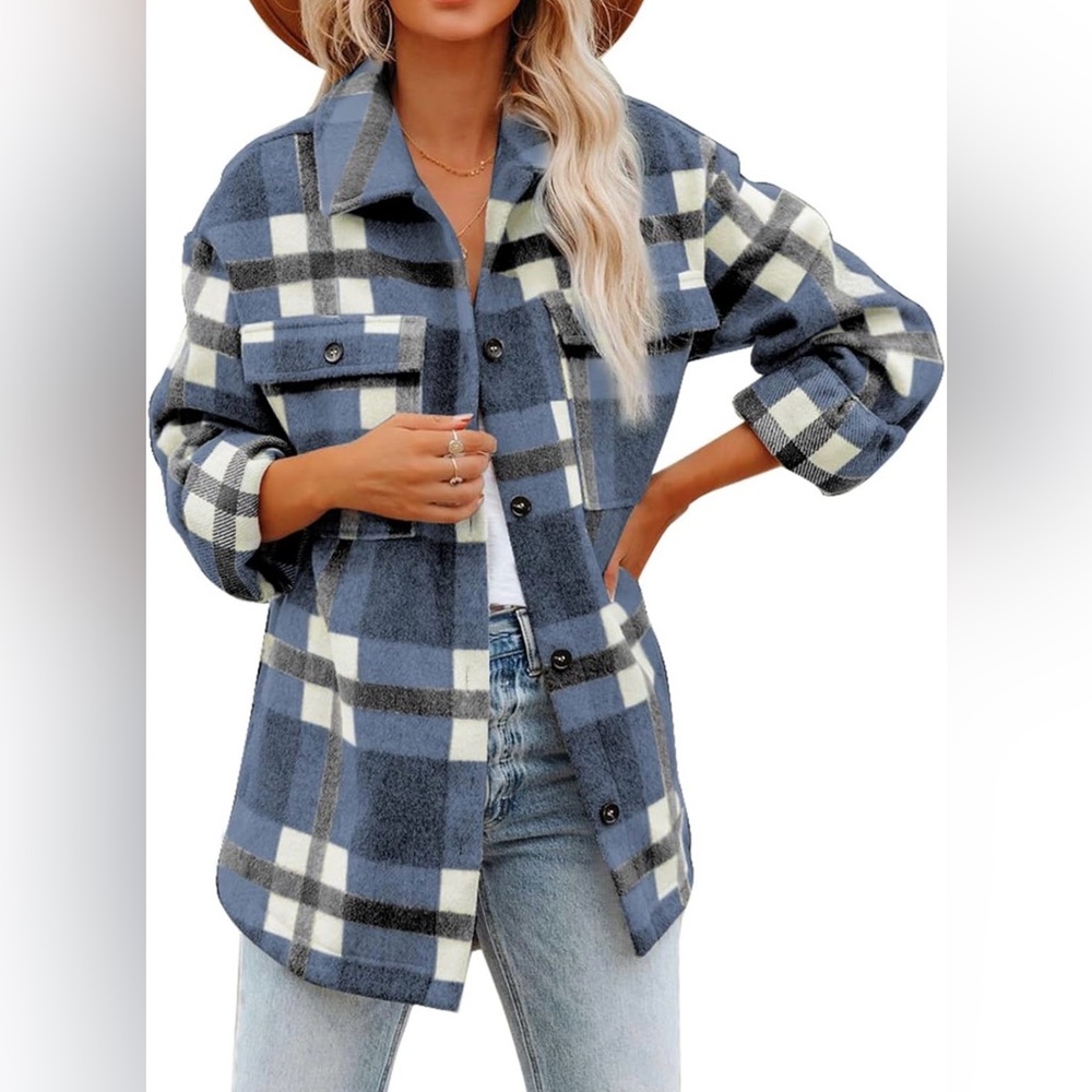 Blue and White Plaid Button-Up Jacket